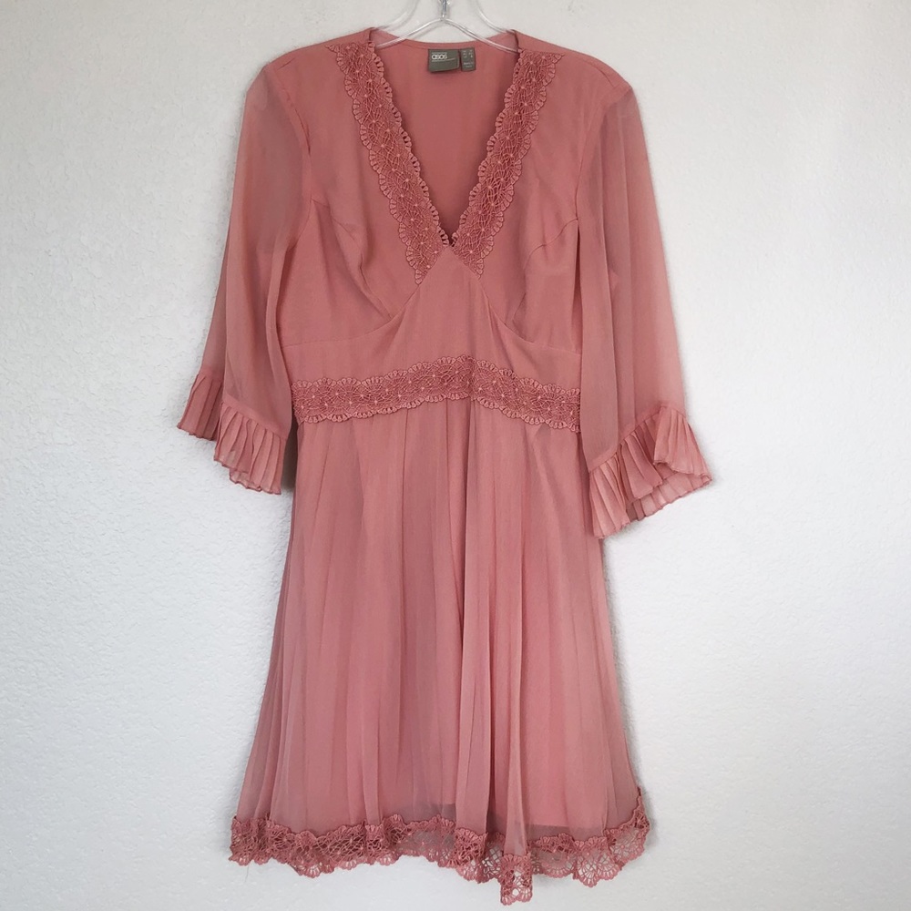 ASOS Pink Lace V-Neck Knee-Length Dress 8